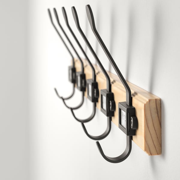 KARTOTEK - KARTOTEK Rack with 5 hooks, pine/grey