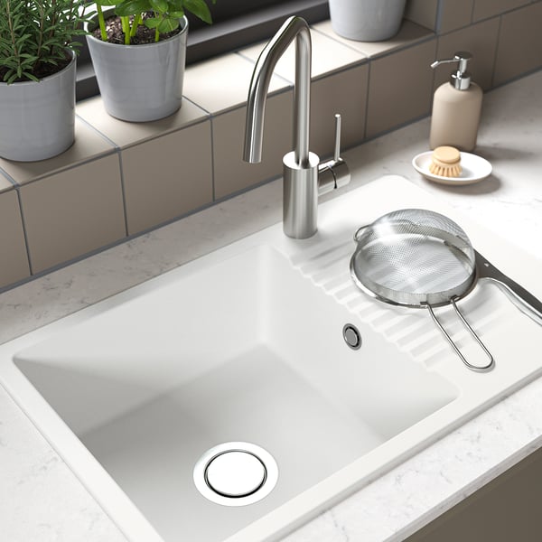 KILSVIKEN inset sink, 1 bowl with drainboard, white quartz composite, 72x46 cm