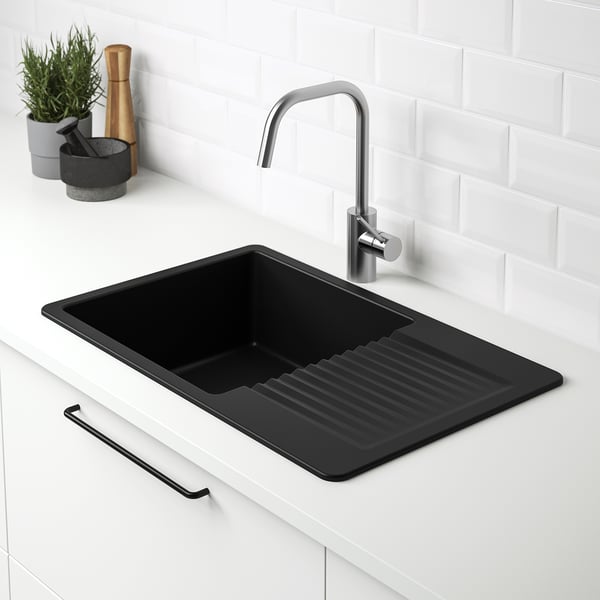KILSVIKEN inset sink, 1 bowl with drainboard, black/quartz composite, 72x46 cm