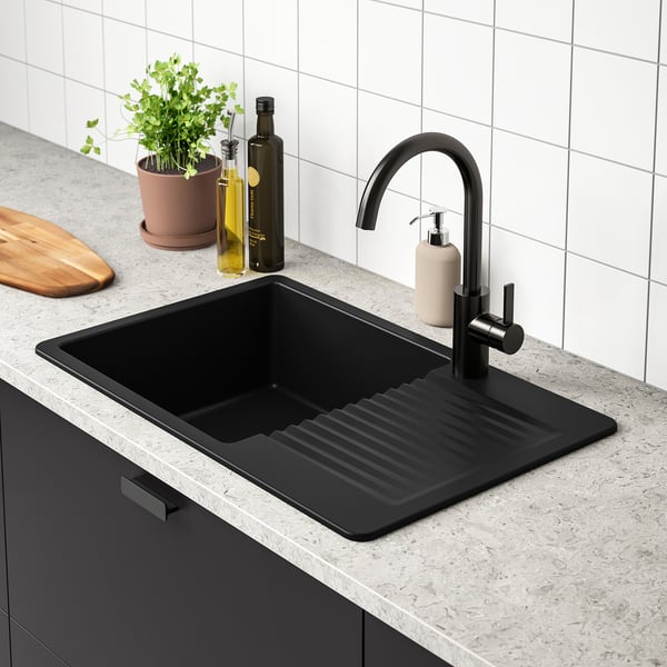 KILSVIKEN inset sink, 1 bowl with drainboard, black/quartz composite, 72x46 cm