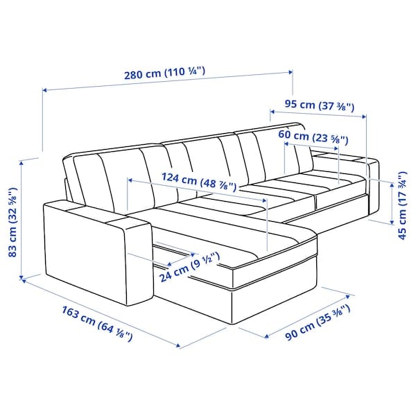 Ikea KIVIK - 3-seater sofa with chaise-longue, Gunnared blue ,