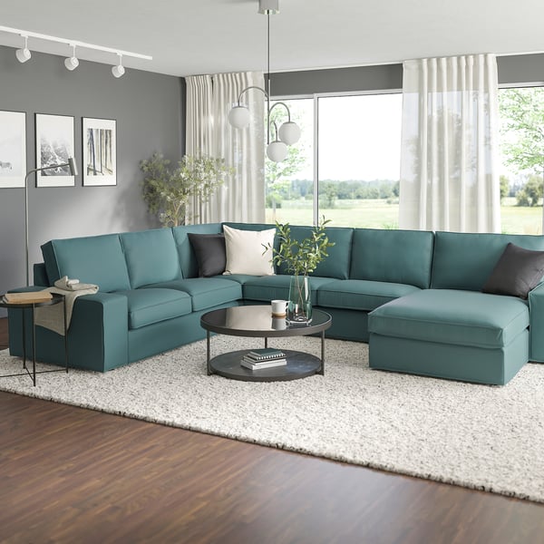 KIVIK corner sofa, 5-seat w chaise longue, Kelinge grey-turquoise, 24x83x95 cm