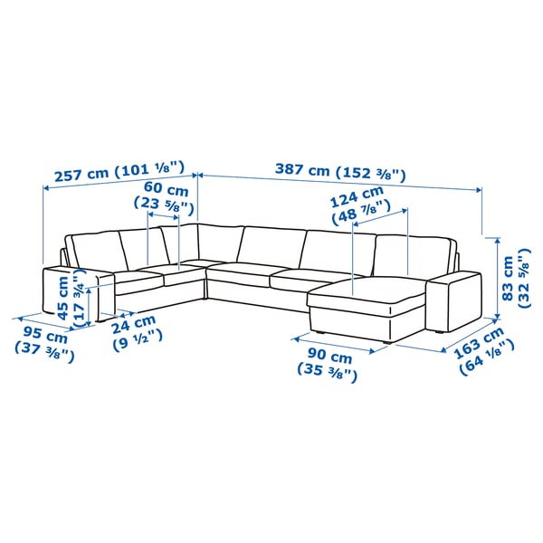 KIVIK corner sofa, 6-seat w chaise longue, Tallmyra blue, 257x83x163 cm