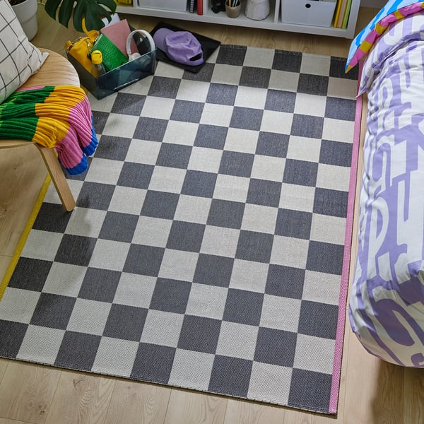 KLASSRUM rug, flatwoven, white/black, 133x195 cm