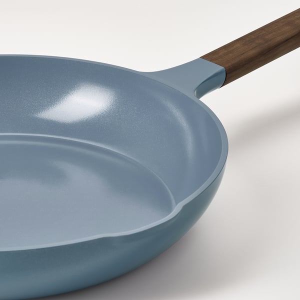 KLIPPFISK frying pan, non-stick coating/wood dark grey-blue, 28 cm