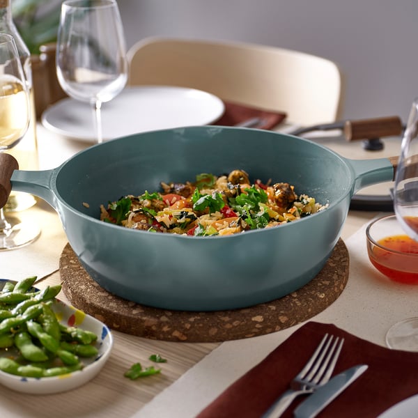 KLIPPFISK sauté pan with lid, non-stick coating glass/wood grey-turquoise, 28 cm