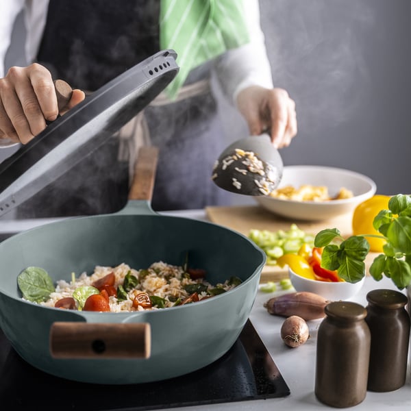 KLIPPFISK sauté pan with lid, non-stick coating glass/wood grey-turquoise, 28 cm