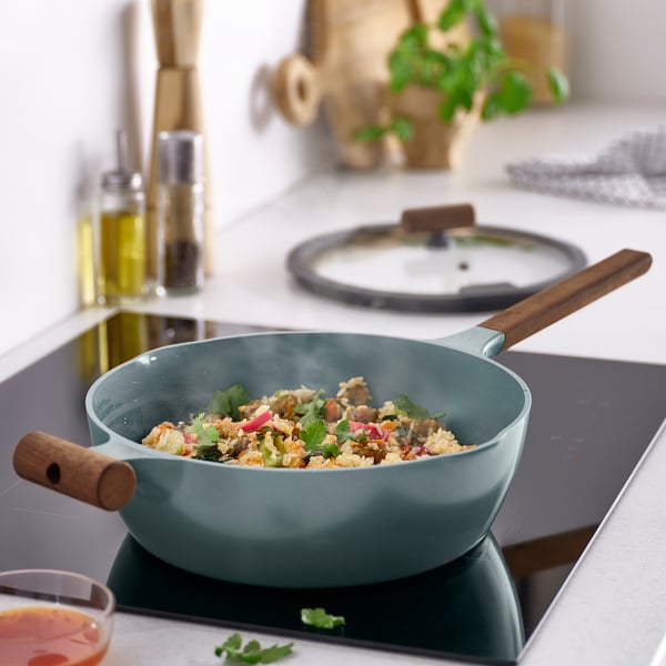 KLIPPFISK sauté pan with lid, non-stick coating glass/wood grey-turquoise, 28 cm