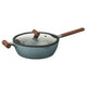 KLIPPFISK sauté pan with lid, non-stick coating glass/wood grey-turquoise, 28 cm
