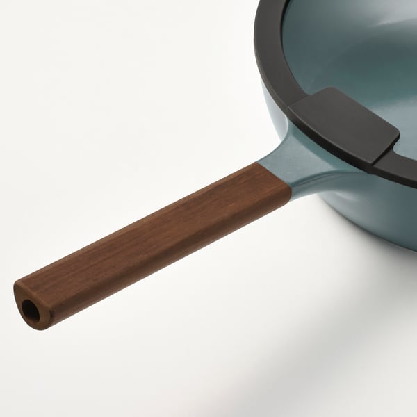 KLIPPFISK sauté pan with lid, non-stick coating glass/wood grey-turquoise, 24 cm