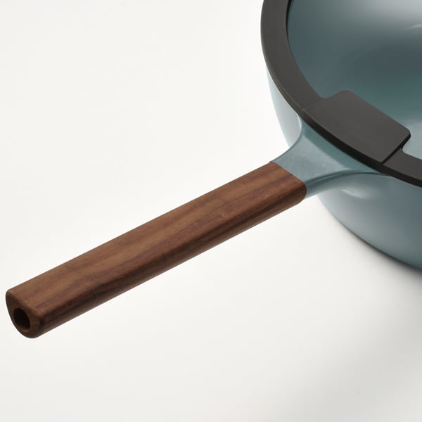 KLIPPFISK sauté pan with lid, non-stick coating glass/wood grey-turquoise, 28 cm