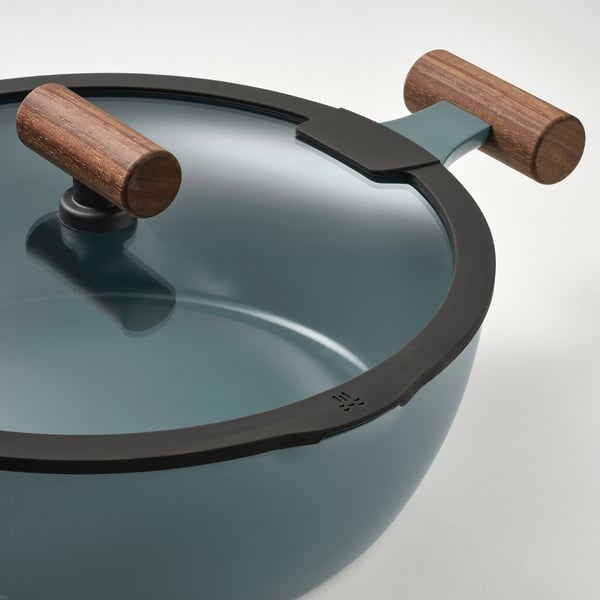 KLIPPFISK sauté pan with lid, non-stick coating glass/wood grey-turquoise, 28 cm