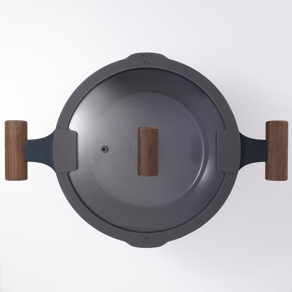 KLIPPFISK pot with lid, non-stick coating glass/wood black-blue, 5 l