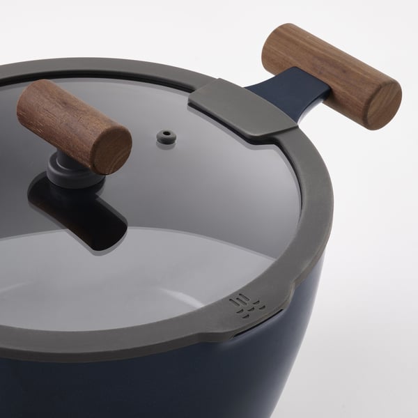 KLIPPFISK pot with lid, non-stick coating glass/wood black-blue, 5 l
