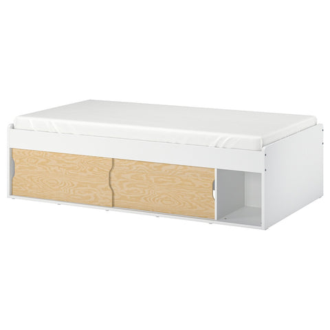 KLIPPUGGLA bed frame with storage, white, 90x200 cm