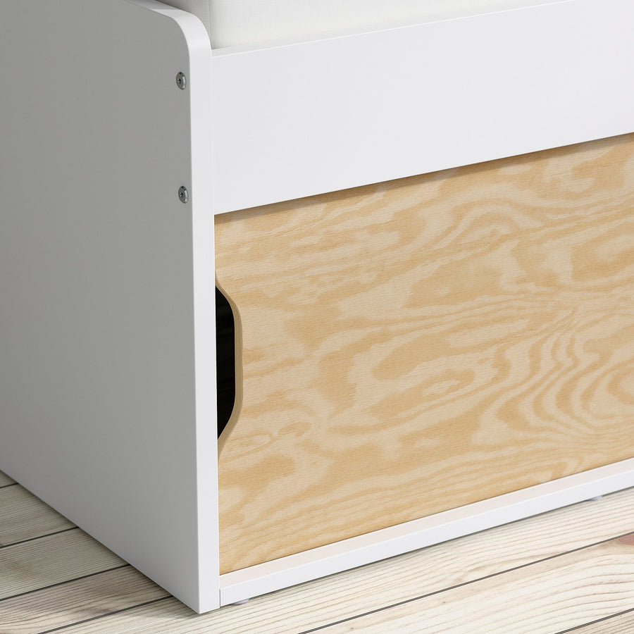 KLIPPUGGLA bed frame with storage, white/incl guard rail, 90x200 cm