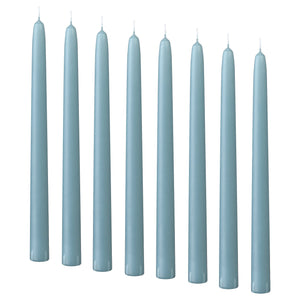 KLOKHET unscented taper candle, pale blue, 25 cm 6 hr, 8 pack