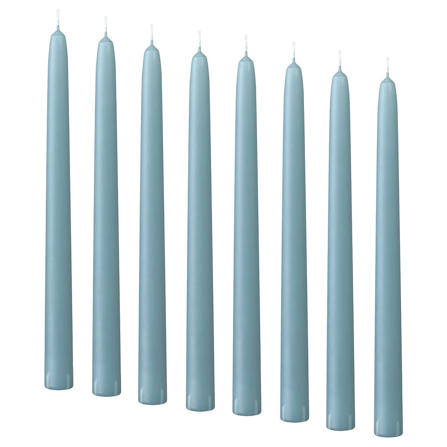 KLOKHET unscented taper candle, pale blue, 25 cm 6 hr, 8 pack