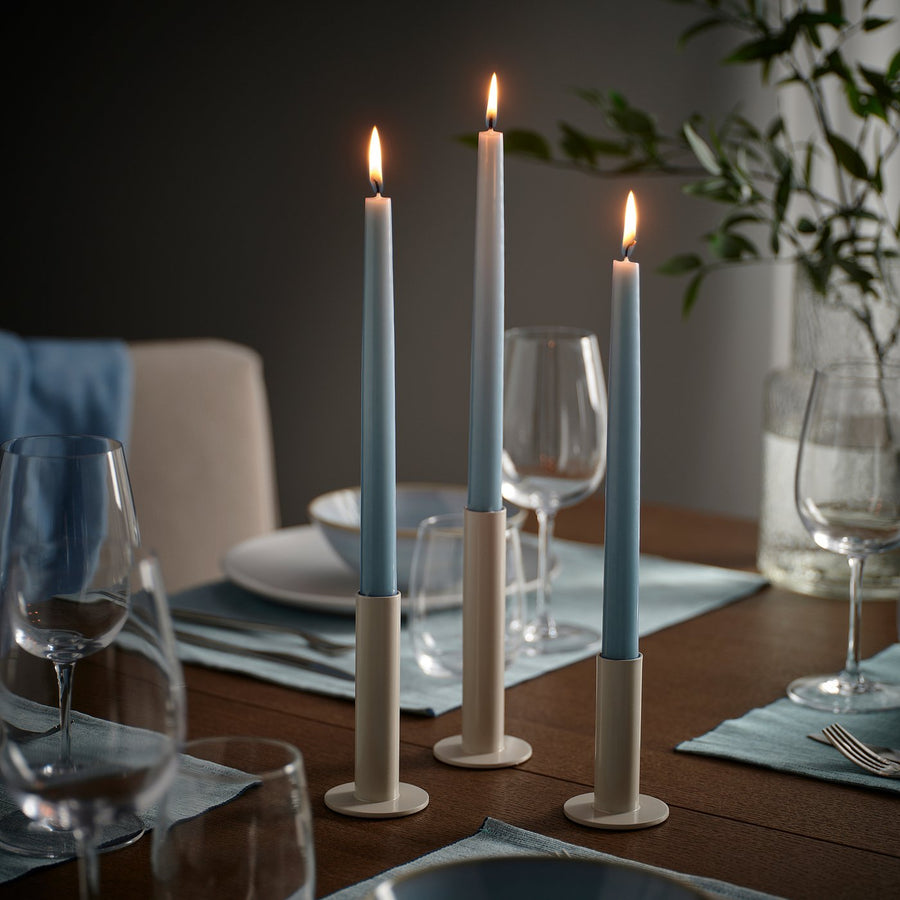 KLOKHET unscented taper candle, pale blue, 25 cm 6 hr, 8 pack