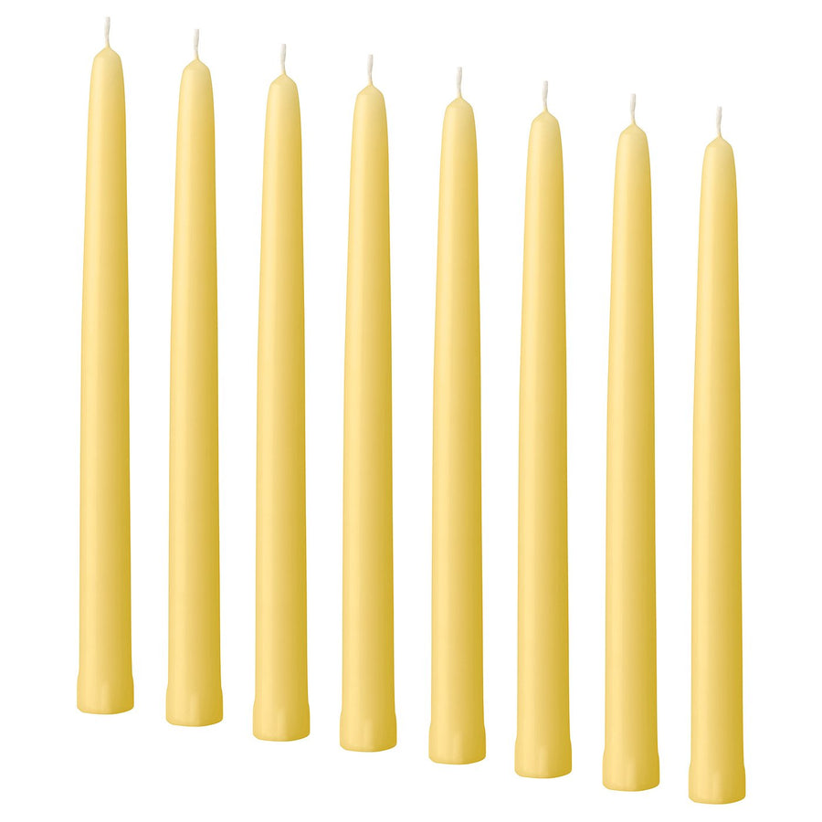 KLOKHET unscented taper candle, pale yellow, 25 cm 6 hr, 8 pack