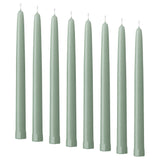 KLOKHET unscented taper candle, light grey-green, 25 cm 6 hr, 8 pack