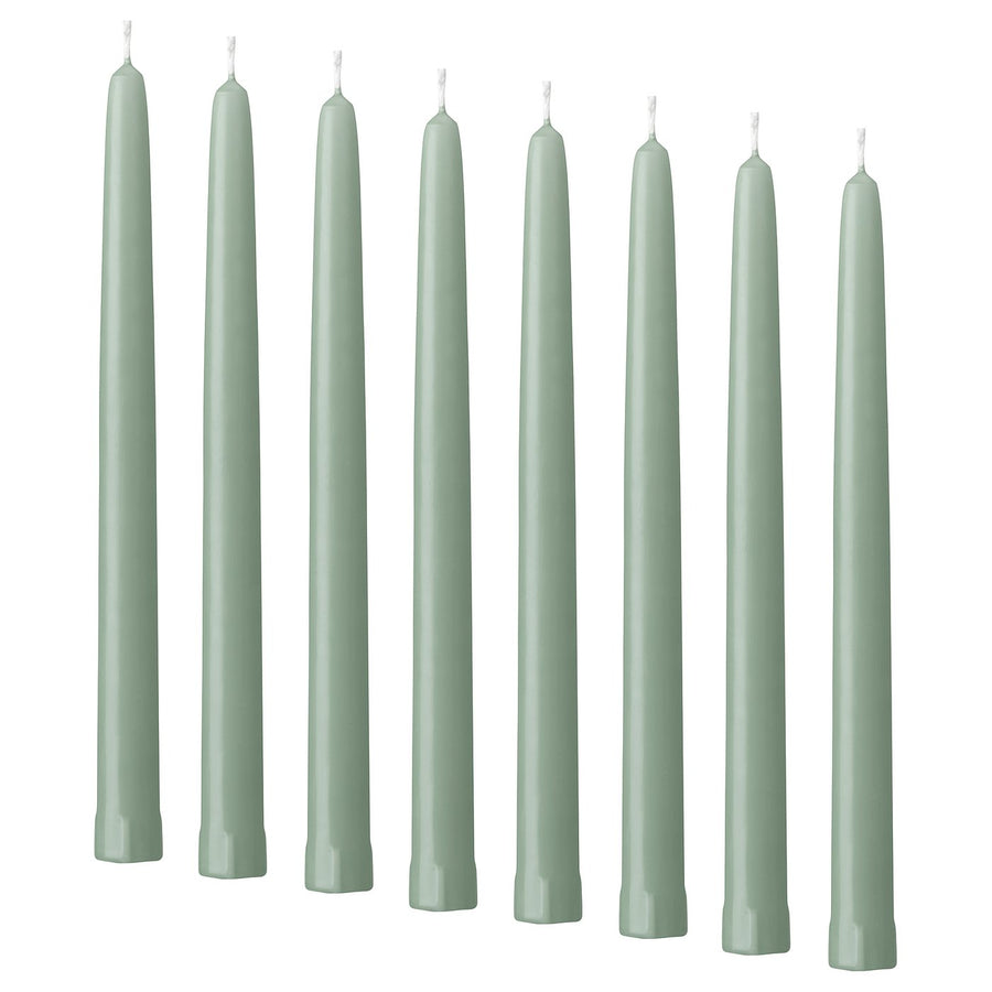 KLOKHET unscented taper candle, light grey-green, 25 cm 6 hr, 8 pack