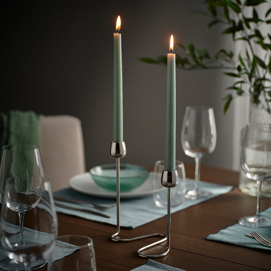KLOKHET unscented taper candle, light grey-green, 25 cm 6 hr, 8 pack