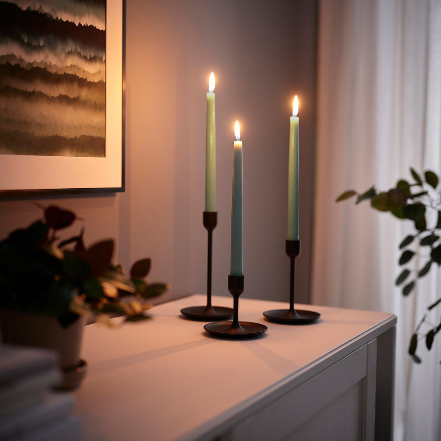 KLOKHET unscented taper candle, light grey-green, 25 cm 6 hr, 8 pack