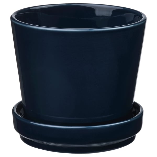 KLOTLÖNN plant pot with saucer, in/outdoor/black-blue, 9 cm