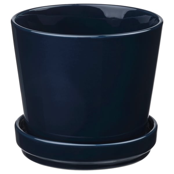 KLOTLÖNN plant pot with saucer, in/outdoor/black-blue, 12 cm