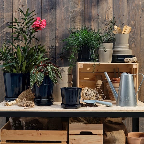 Ikea KLOTLÖNN - Plant pot with saucer, in/outdoor/black-blue, 19 cm