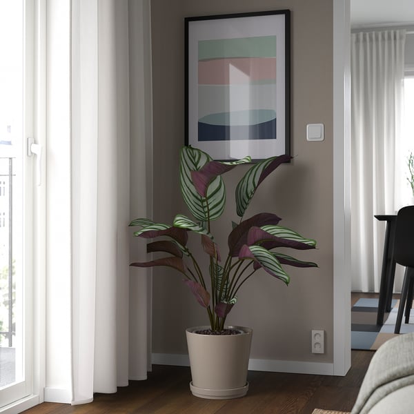 KLOTLÖNN plant pot with saucer, in/outdoor/grey/beige, 24 cm