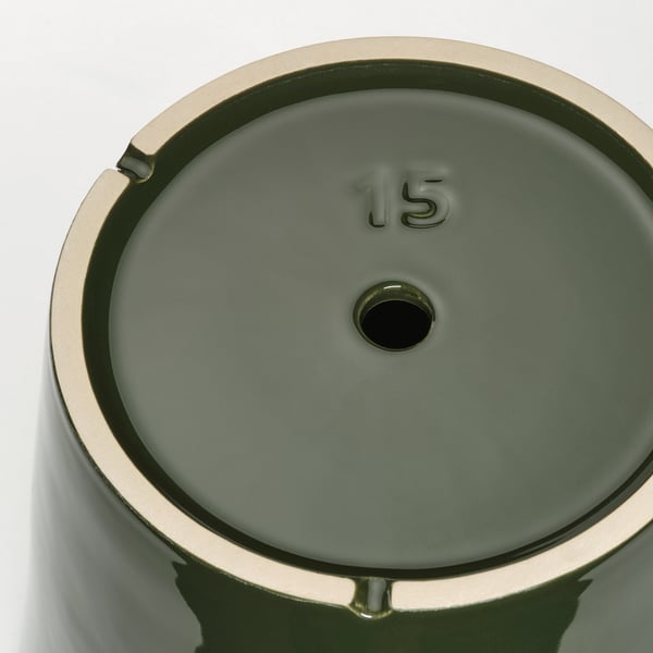 KLOTLÖNN plant pot with saucer, in/outdoor/dark grey-green light beige, 15 cm