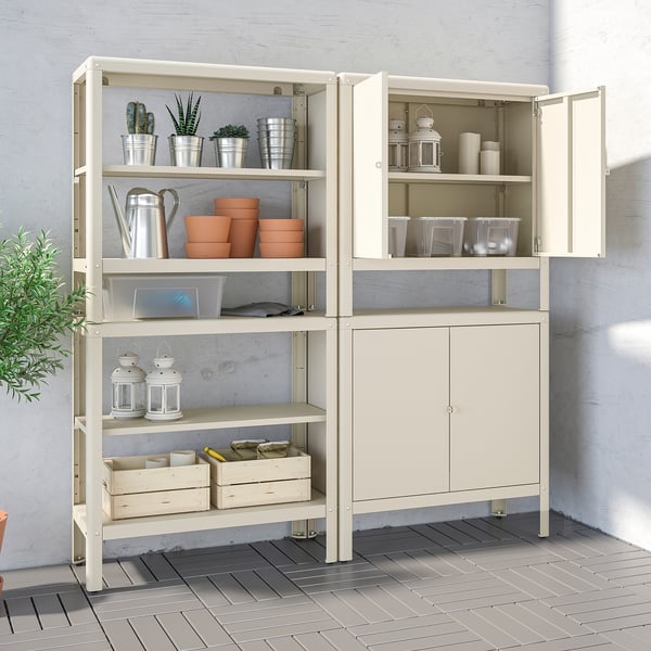 KOLBJÖRN shelving unit with 2 cabinets, beige, 161x37x161 cm