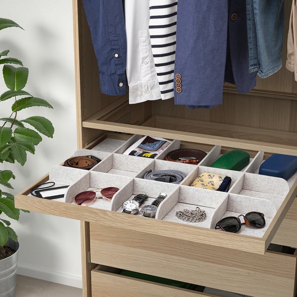 KOMPLEMENT pull-out tray with divider, white stained oak effect/light grey, 75x58 cm