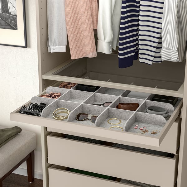 KOMPLEMENT pull-out tray with divider, grey-beige/light grey, 75x58 cm