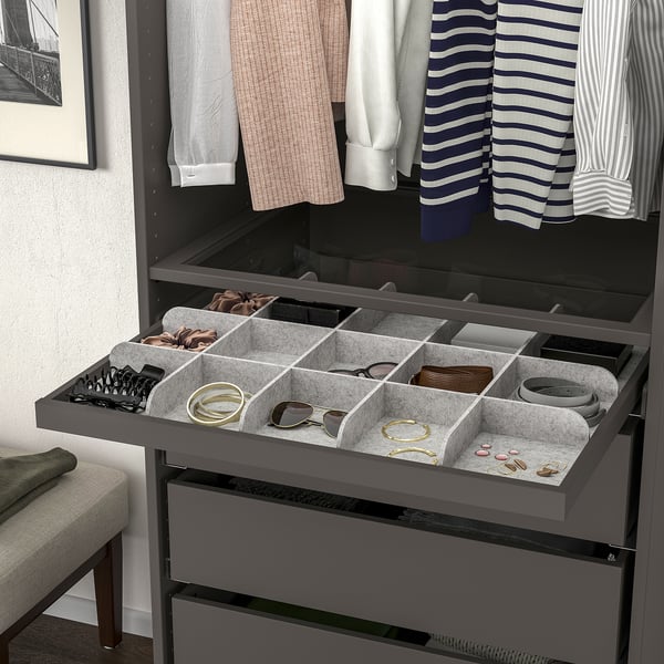 KOMPLEMENT pull-out tray with divider, dark grey/light grey, 75x58 cm