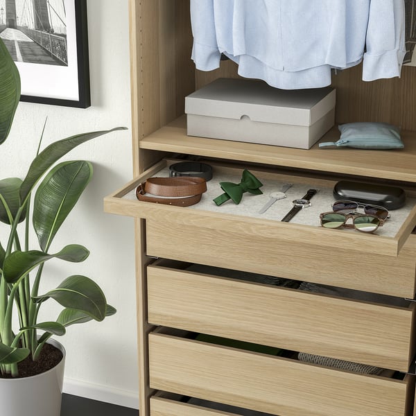 KOMPLEMENT pull-out tray with drawer mat, white stained oak effect/light grey, 75x35 cm