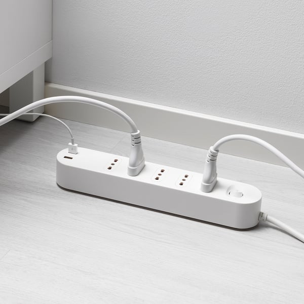 KOPPLA 5-way socket with 2 USB ports, white, 3.0 m