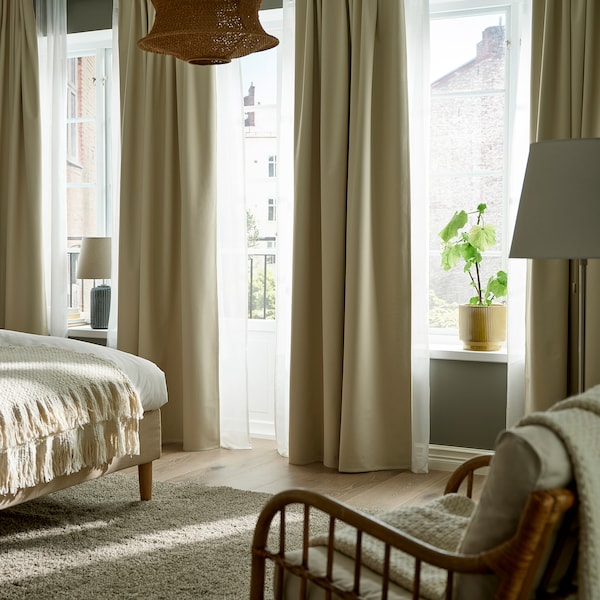 KORGMOTT block-out curtains, 1 pair, beige/with heading tape, 145x300 cm