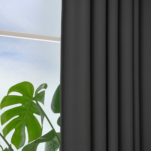 KORGMOTT block-out curtains, 1 pair, dark grey/with heading tape, 145x300 cm