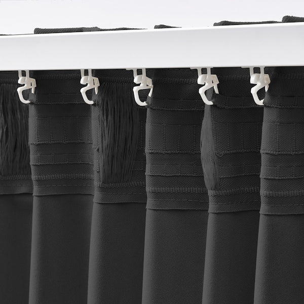 KORGMOTT block-out curtains, 1 pair, dark grey/with heading tape, 145x300 cm