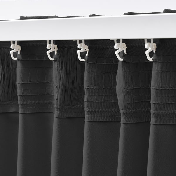 KORGMOTT block-out curtains, 1 pair, dark grey/with heading tape, 145x300 cm
