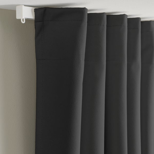 KORGMOTT block-out curtains, 1 pair, dark grey/with heading tape, 145x300 cm