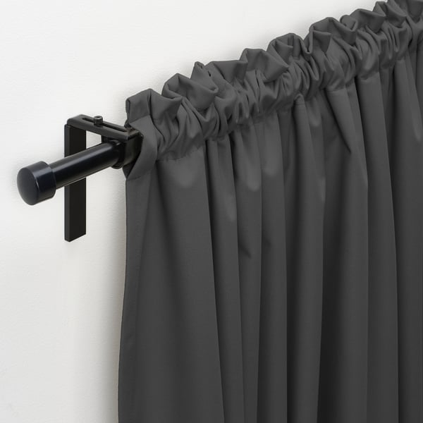 KORGMOTT block-out curtains, 1 pair, dark grey/with heading tape, 145x300 cm