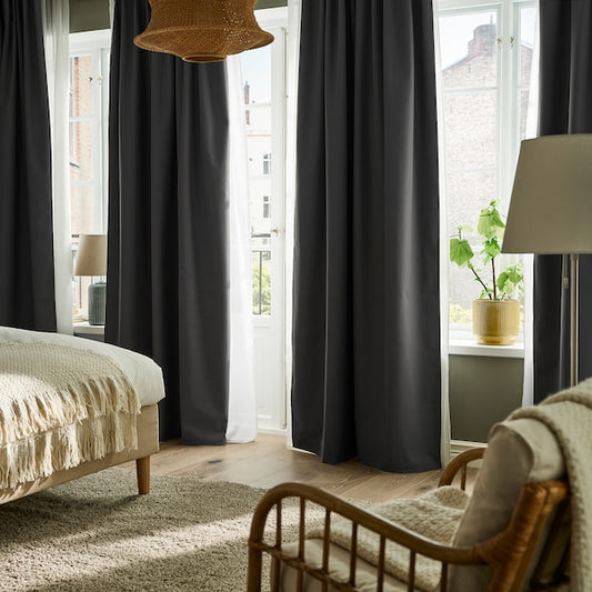 KORGMOTT block-out curtains, 1 pair, dark grey/with heading tape, 145x300 cm