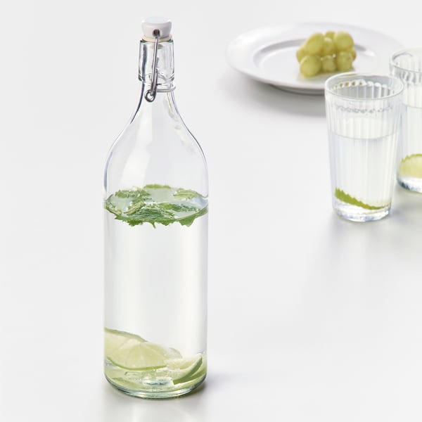 KORKEN bottle with stopper, clear glass, 1 l