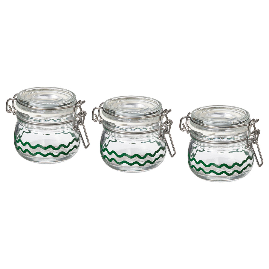 KORKEN jar with lid, clear glass/patterned green, 13 cl, 3 pack
