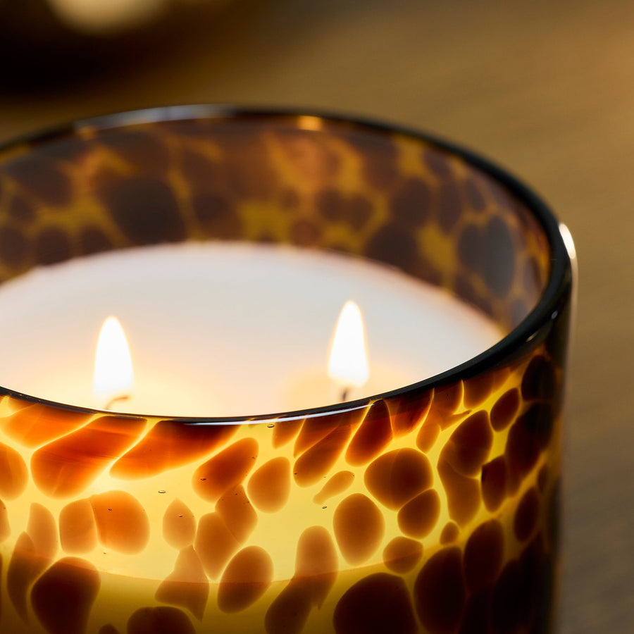 KRONSÅNGARE scented candle in glass, 2 wicks, Peach/dotted brown, 10 cm