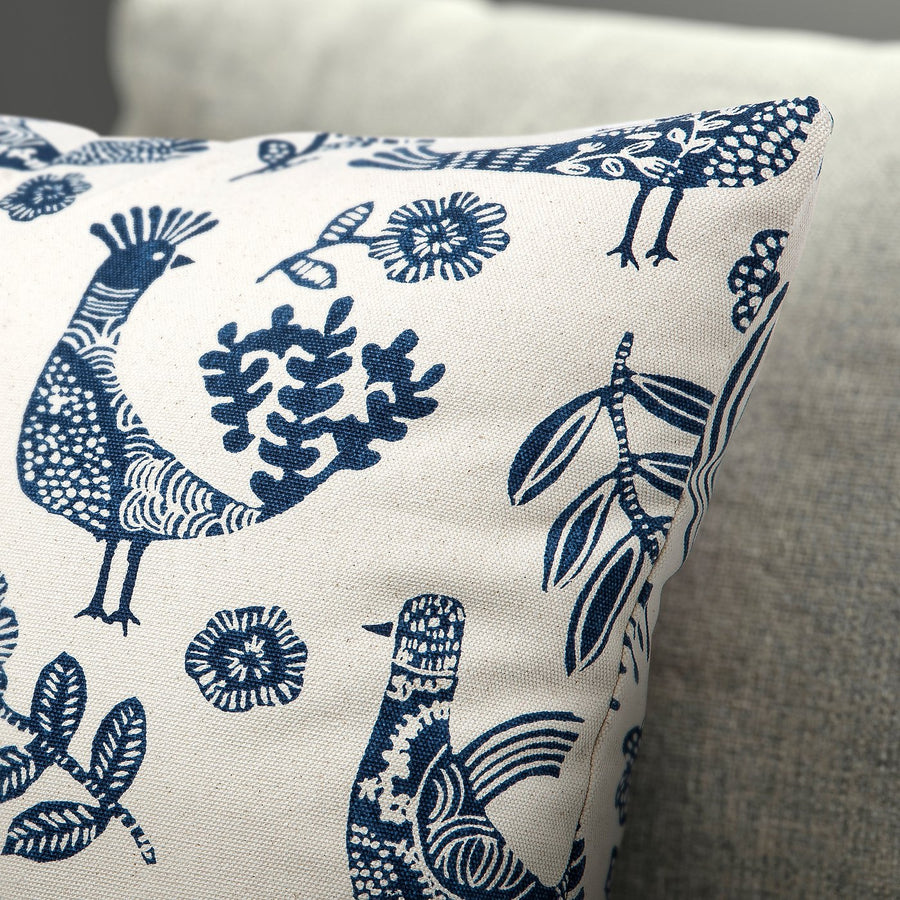 KRUTBRÄNNARE cushion cover, natural blue/Birds floral pattern, 50x50 cm